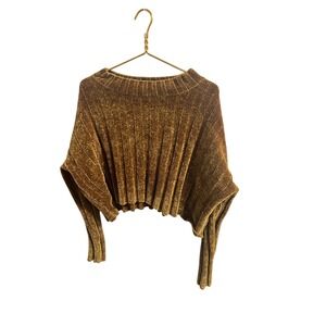 Free People Wild Flower Sweater Women S/M Golden Ribbed Cropped Long Sleeve Flaw